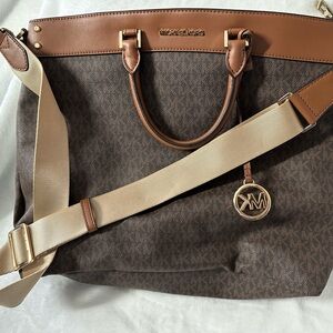 Michael Kors Brown and Tan Signature Messenger Bag with Cream Strap